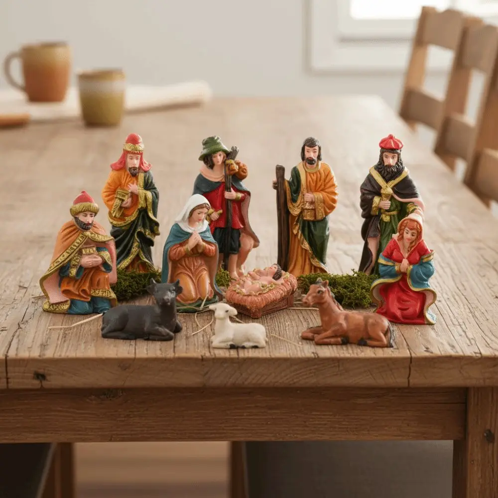 

10Pcs/Set Resin Material Nativity Stable Ornaments Hand Drawn Design Tabletop Display Christmas Manger Scene