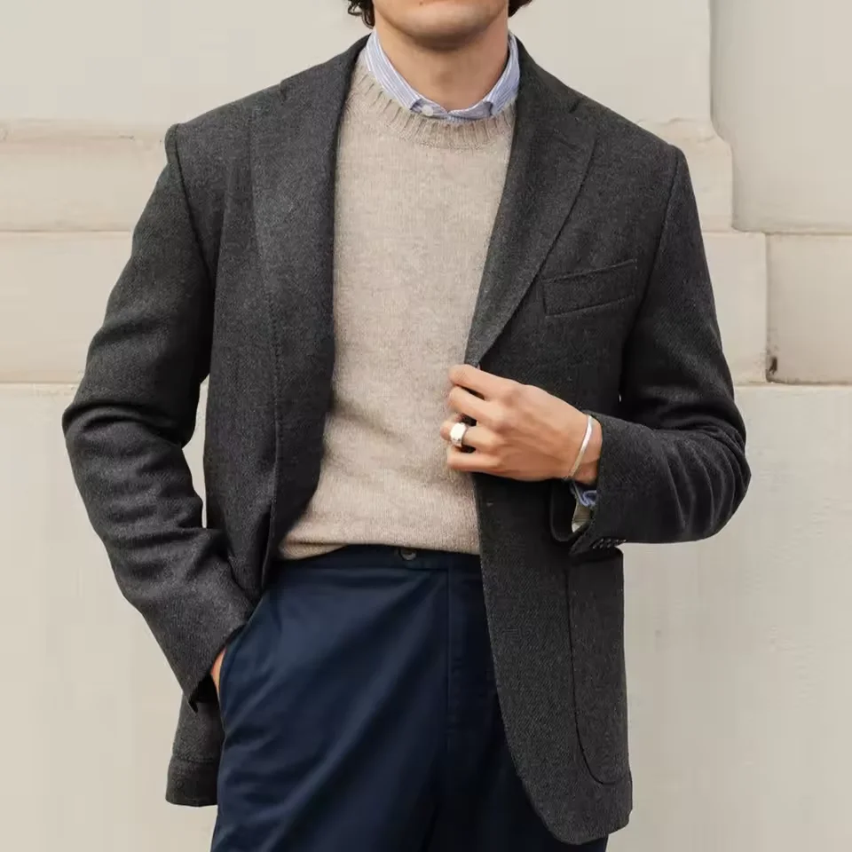 

Mens Tweed Jacket Wool Mix Single Breasted Slim Fit Blazer Coat Business Casual Fashion Outerwear For Men Office Wedding Party