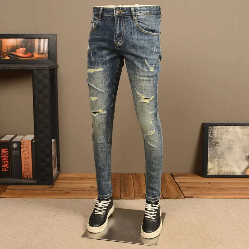 Fashion Streetwear Men Jeans Retro Blue Stretch Slim Fit Elastic Ripped Jeans Men Vintage Designer Denim Pencil Pants Hombre