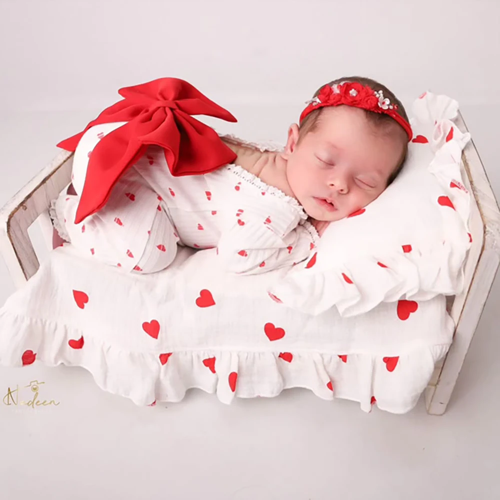 Newborn Photography Props Heart Print Baby Romper with Big Bow Headband Posing Pillow Blanket Set Infant Photo Shoot Accessories