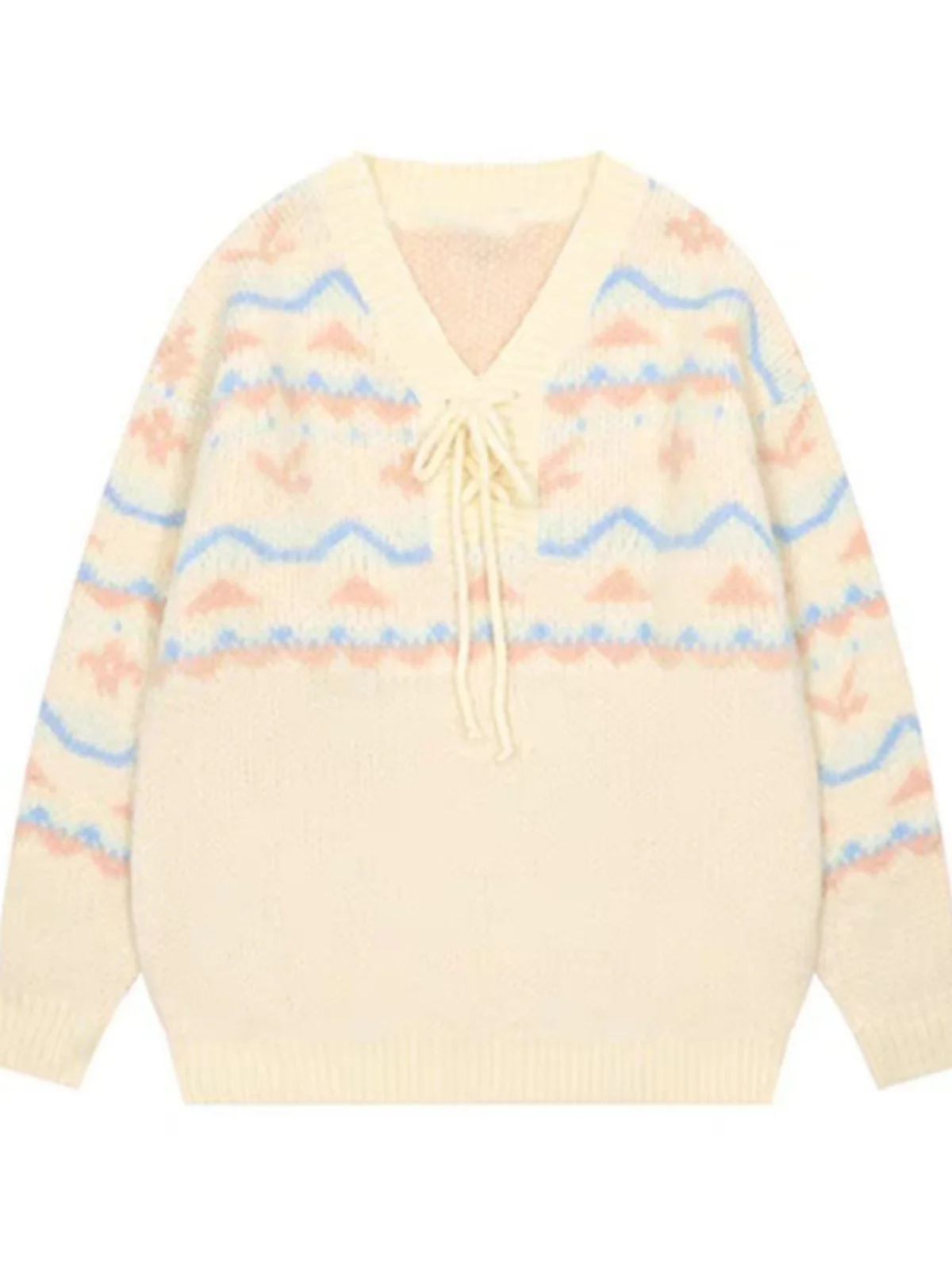 

Sweet Lazy Sle Women's Knitted Sweater V-Ne Striped Loose Fit Soft Retro Top for Spring Autumn New Arrival 2025