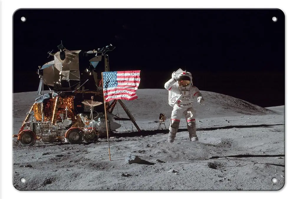 Pacifica Island Art Apollo 16 Moon Walk - Astronaut John W. Young - Color Photo by Charles M. Jr. c.1972- Vintage Metal Tin Sign