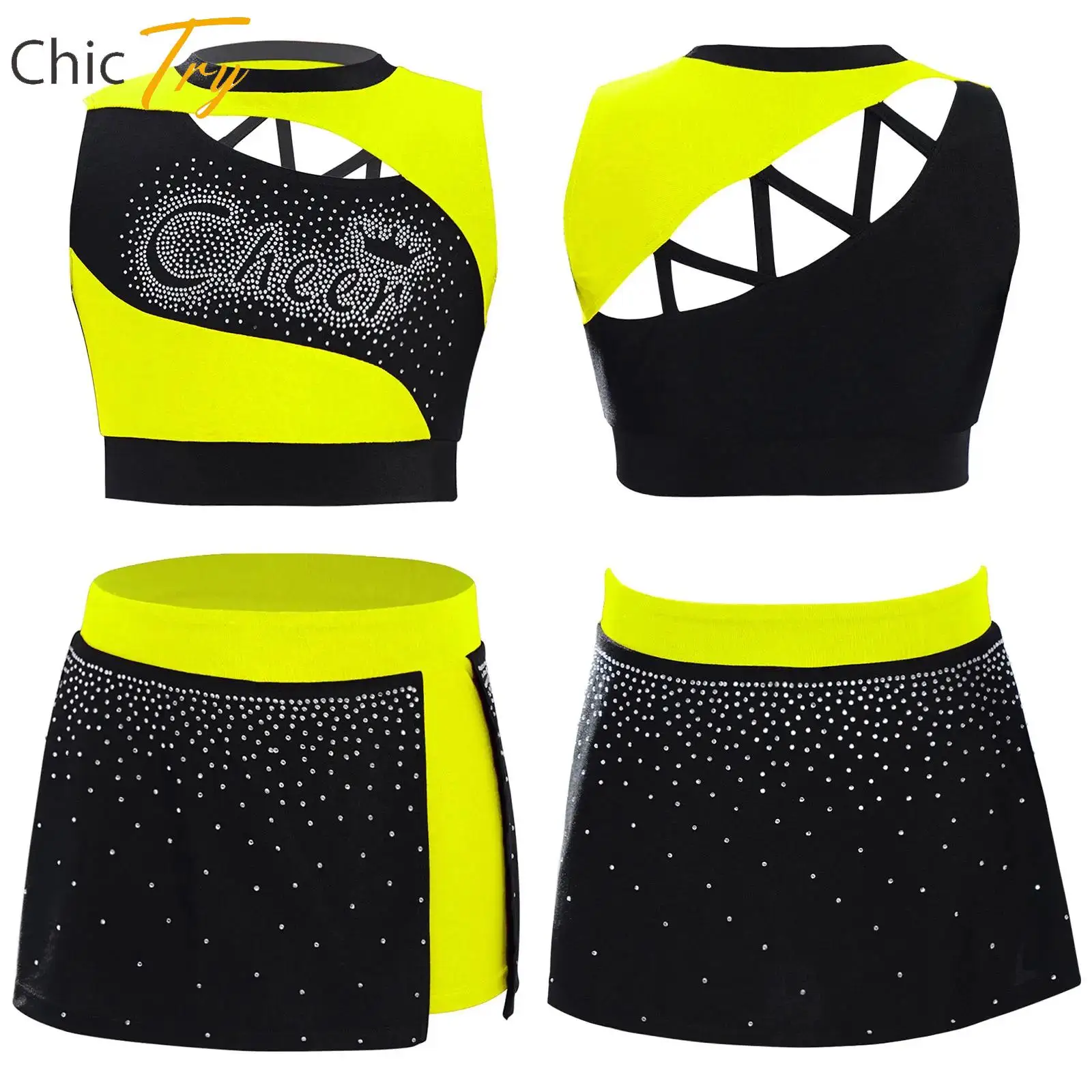 

Shiny Rhinestones Cheerleader Uniform Kids Girls Cheerleading Dance Crop Top with Skirt for School Sports Meeting Performance