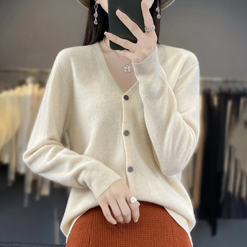 ฤดูใบไม้ร่วงฤดูหนาว 100 Merino ขนสัตว์เสื้อกันหนาว Elegant CASHMERE Pullover ผู้หญิง V คอยาวแขนยาวเสื้อถัก Basic เสื้อผ้าเสื้อจัมเปอร์