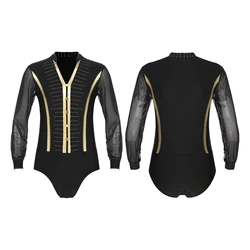 Men's Gymnastics Leotard Shiny Rhinestones Bodysuit Ballet Ballroom Salsa Samba Latin Dance Wear Figure Ice Skating Sportswear