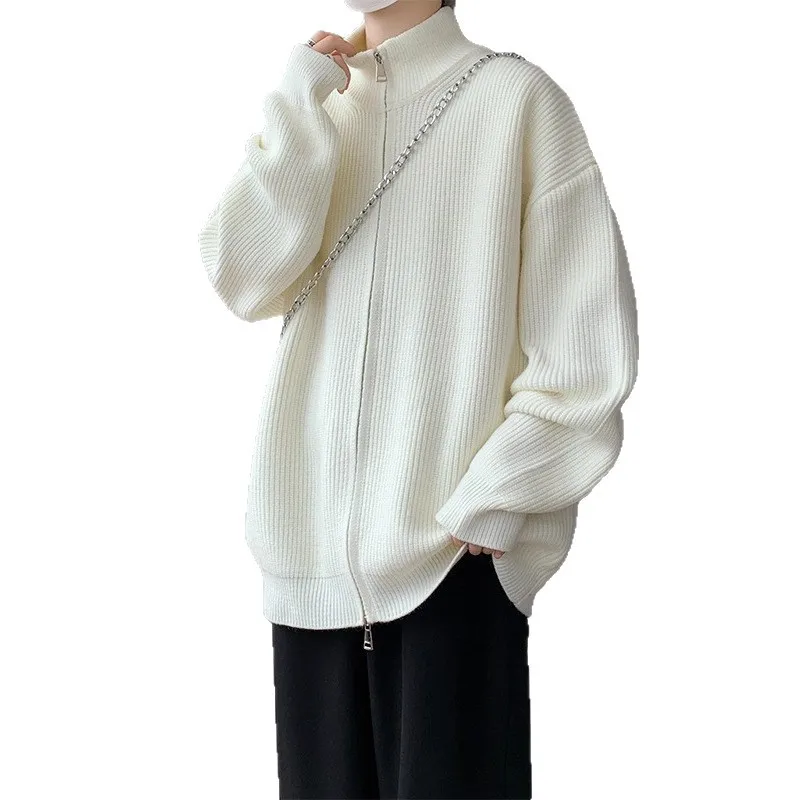 

Вязаный кардиган с двойной молнией, мужской свободный теплый свитер с воротником-стойкой, верхняя одежда, повседневная одежда из полиэфирного волокна, длинный све