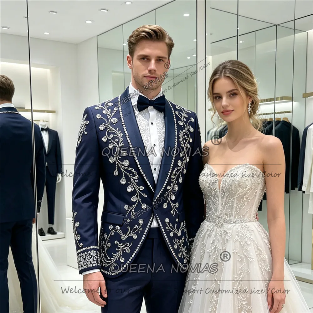 Exclusive Rhinestone Beaded Suit For Man Single Breasted Prom Blazer Customized Groom Wedding Tuxedo Slim Fit Terno Masculinos