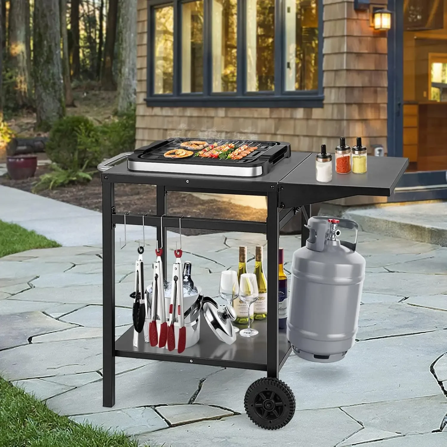 

Outdoor Pizza Oven Stand Grill Cart with Wheels, Foldable Side Table, Gas Tank Hook, 4 Removable Hooks, Double-Shelf Movable Din