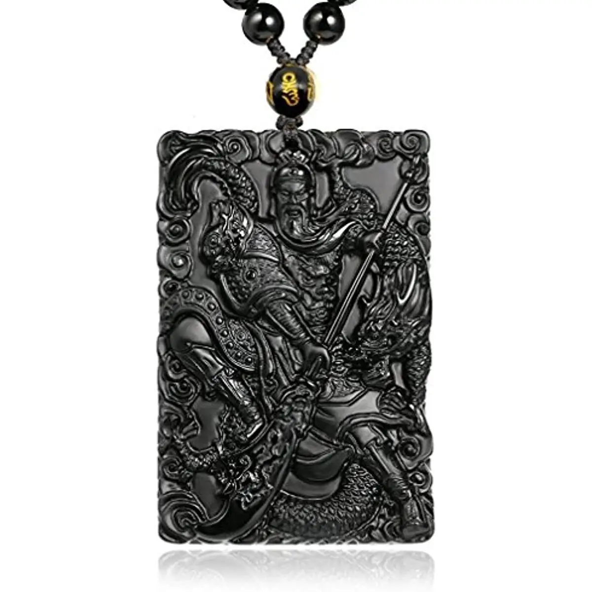 Pure Natural Obsidian Dragon Guan Gong Take A Knife Pendant Necklace