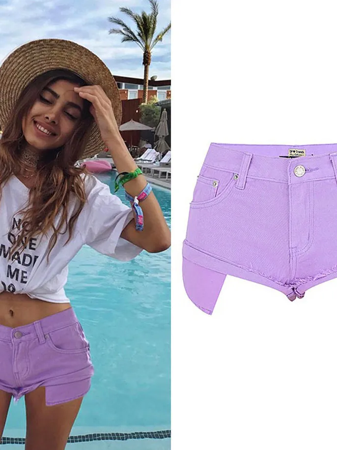 Low Waist Denim Shorts Candy Colored Frayed Hem Pocket  Hot Pants Macaron Pink Purple Women's Casual High Waist Jeans