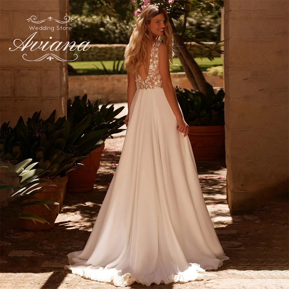 Aviana مخصص ألف خط العميق الخامس الرقبة بلا أكمام الدانتيل فستان الزفاف عارية الذراعين طول الأرض سويب تراين أنيقة التطريز أحدث #2