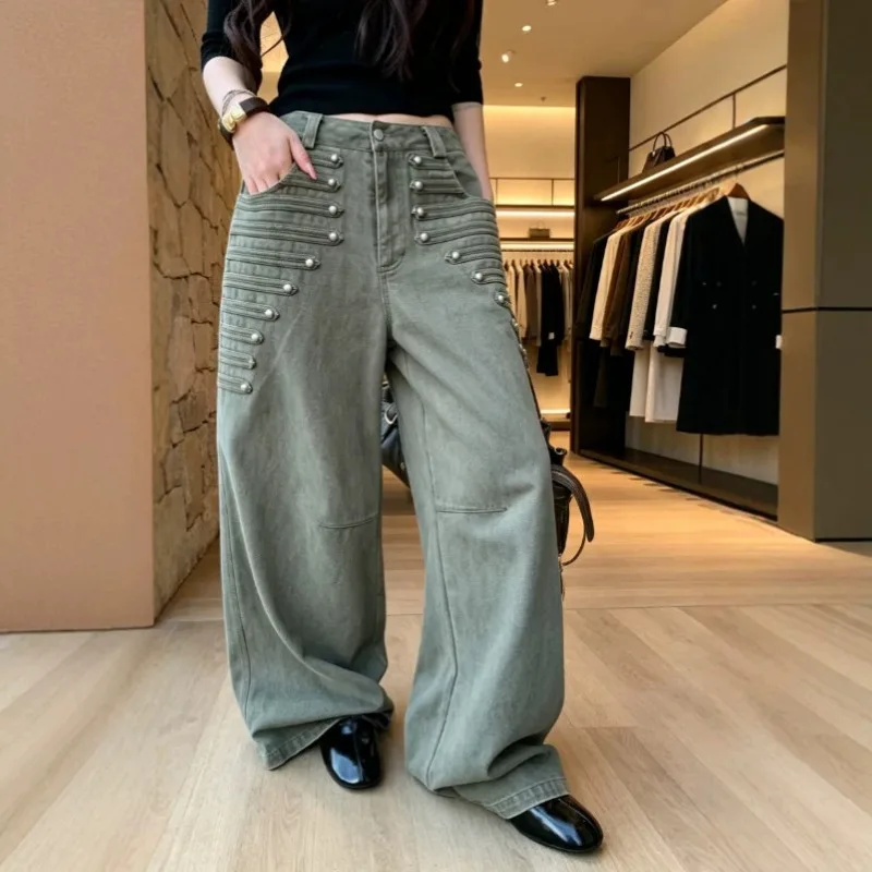 Street Style Wide-leg Women's Jeans Personality Spice Girl Multi-row Metal Buckle Summer Thin Niche Design Versatile Floor Pants