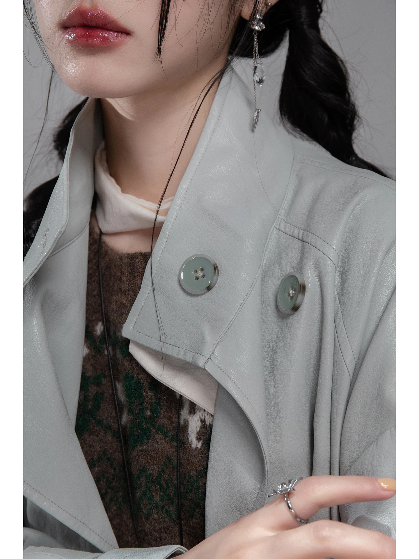 COTRE インテリジェントセンセーション コールドトーン グレーブルー ダブルウェア レザーコート ウィンドブレーカー 通勤スタイル 長袖 レギュラーフィット