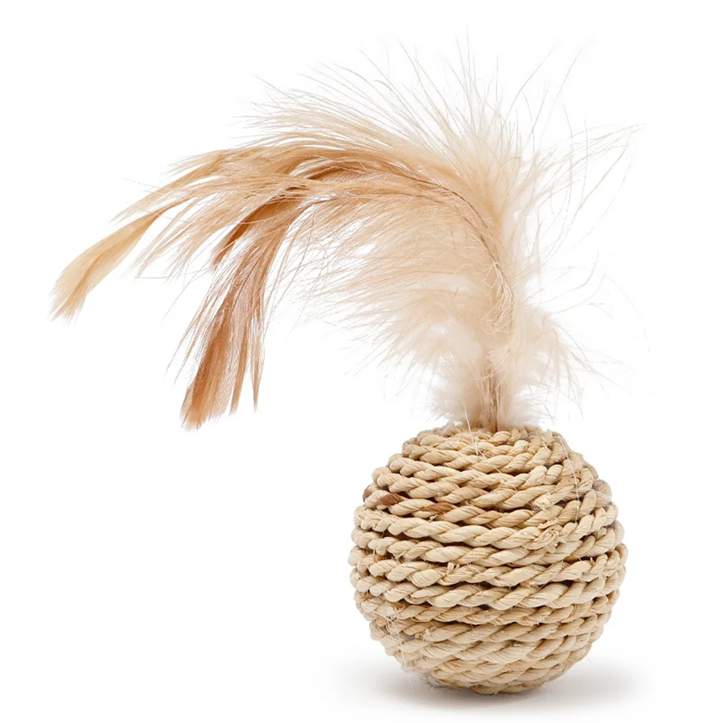 Pet rattan bola com pena falsa, brinquedo interativo para gato e gatinho, 2pcs