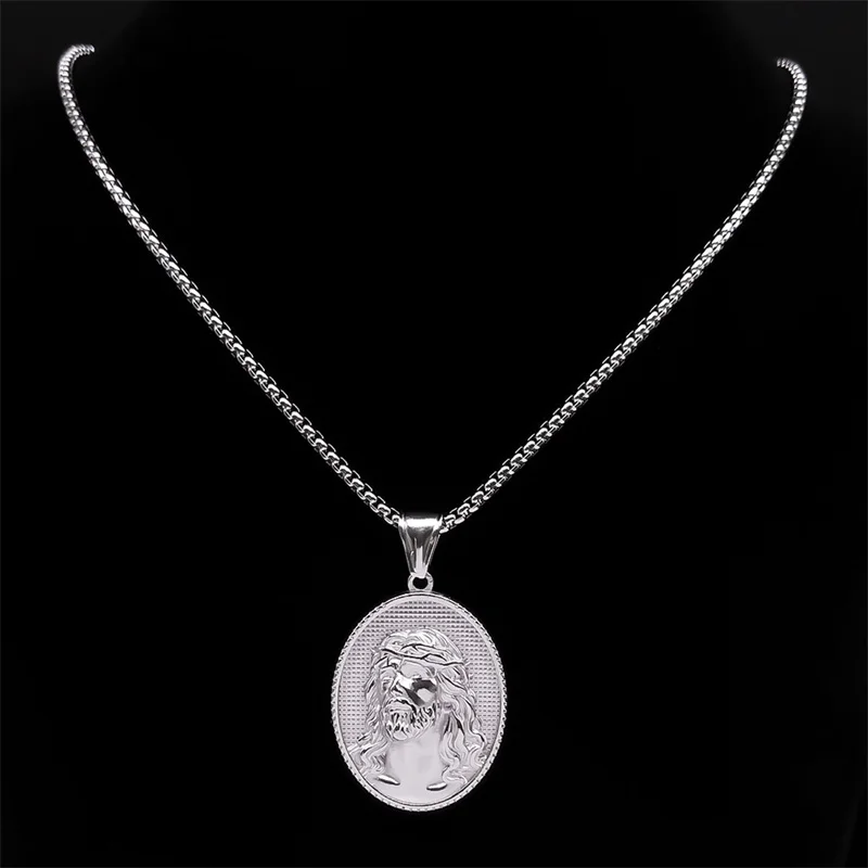 

Christian Jesus Necklaces for Men Women Stainless Steel Silver Color Crown of Thorns Jesus Chain Necklaces Jewelry collar N386