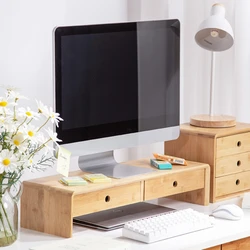 Computer Monitor Elevated Rack Desktop Bamboo Storage with Drawer Computer Monitor Shelving Desk Drawer Storage Cabinet