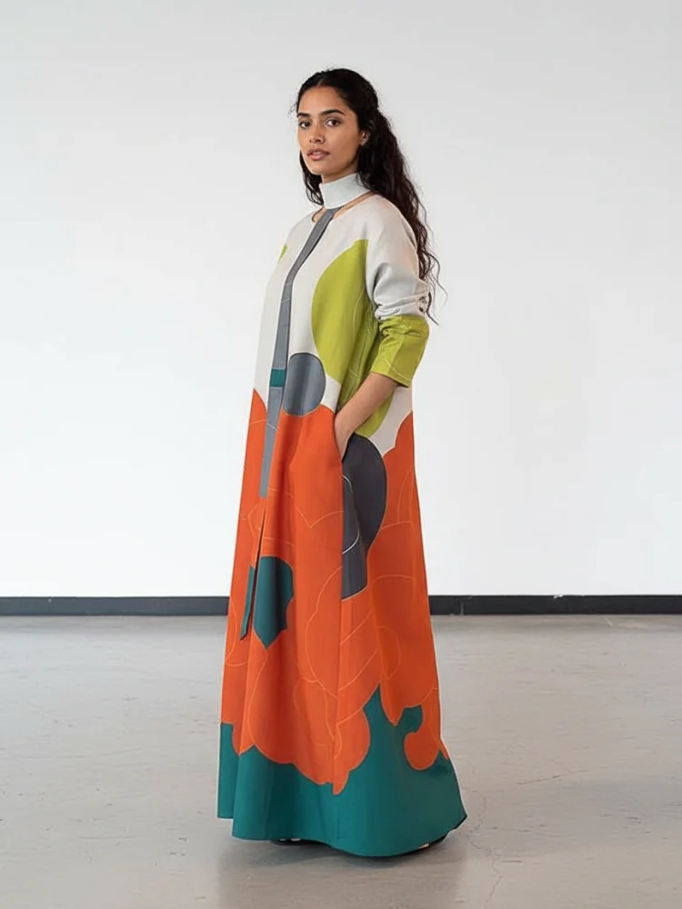 Freeacy 2025 Spring Stylish Dress for Women Contrast Color Long Sleeves Loose Fit Maxi Dress with Scarf Casual Party Dresses