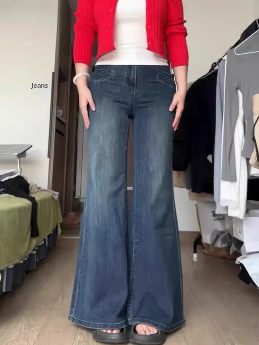 

Джинсы-колокольчики больших размеров с высокой талией, женские свободные джинсы, повседневные хлопковые эластичные джинсы синего цвета, грушевидный боди, весна-осень