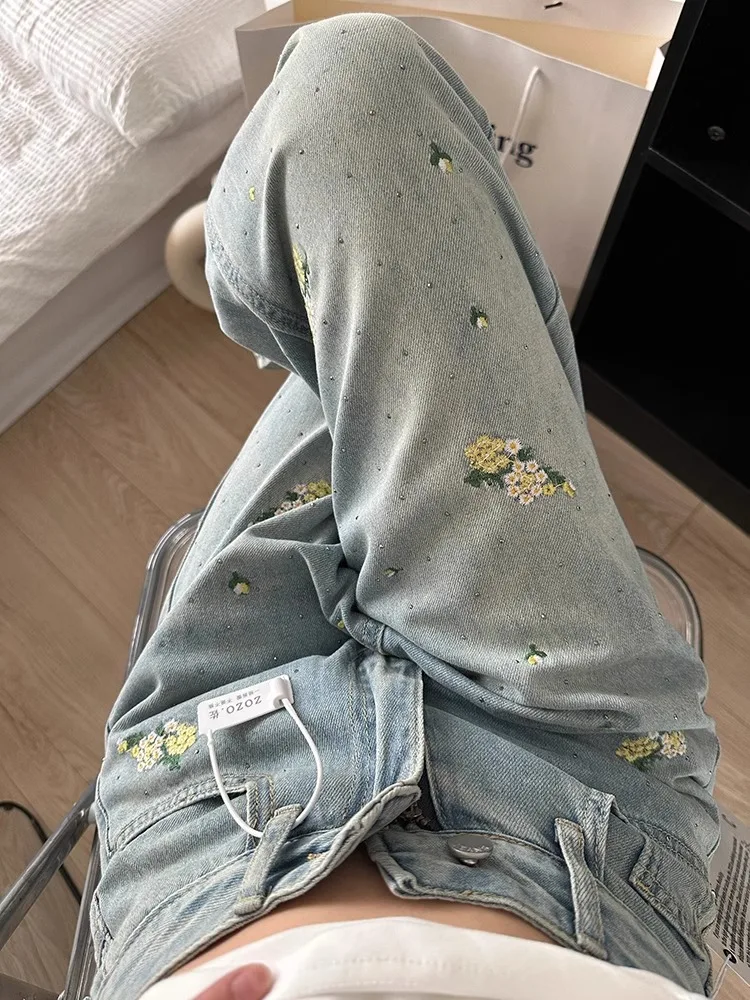 

High Waist Embroidered Floral Jeans Women's Summer Large Size Straight Casual Retro Slim Wide Leg Pants Cotton Polyester Blend