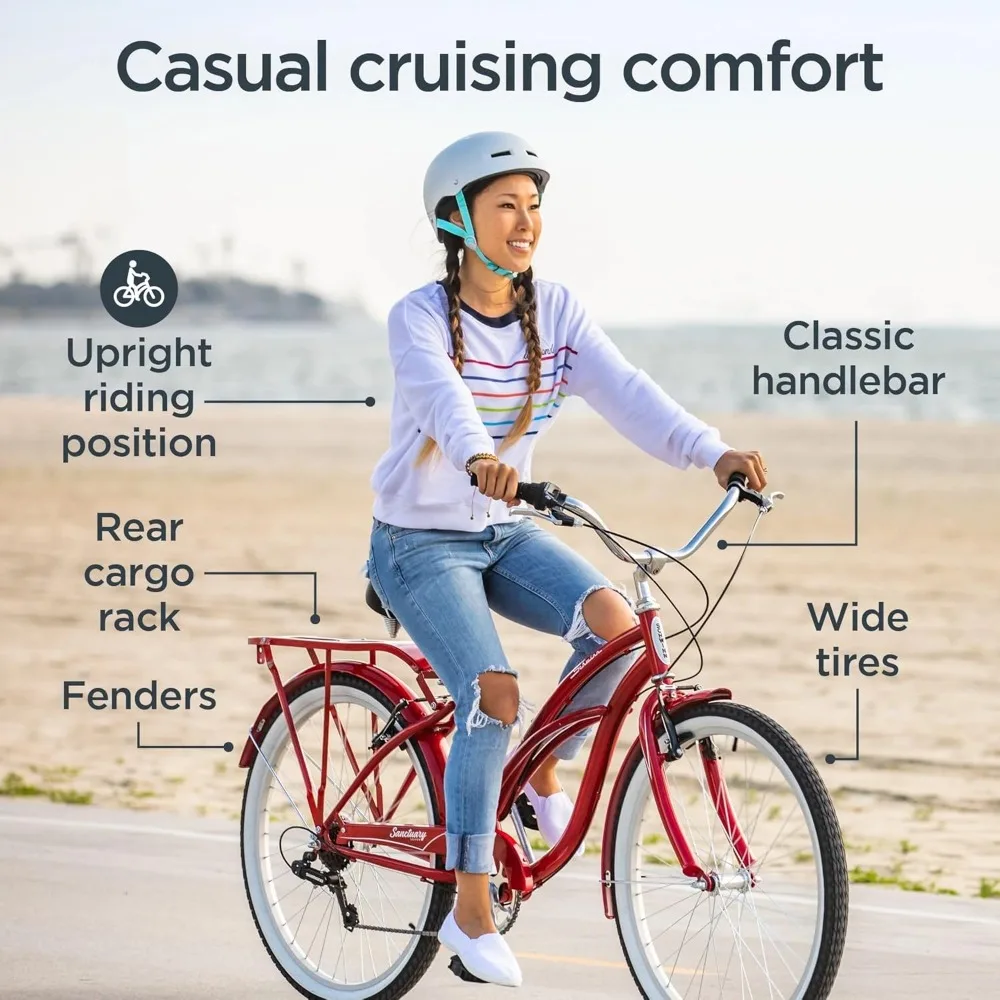 Comfort Beach Cruiser Bike，7-Speed Drivetrain in Retro-Styled Steel Step-Through or Step-Over Frame, 26-Inch Wheels Freight free