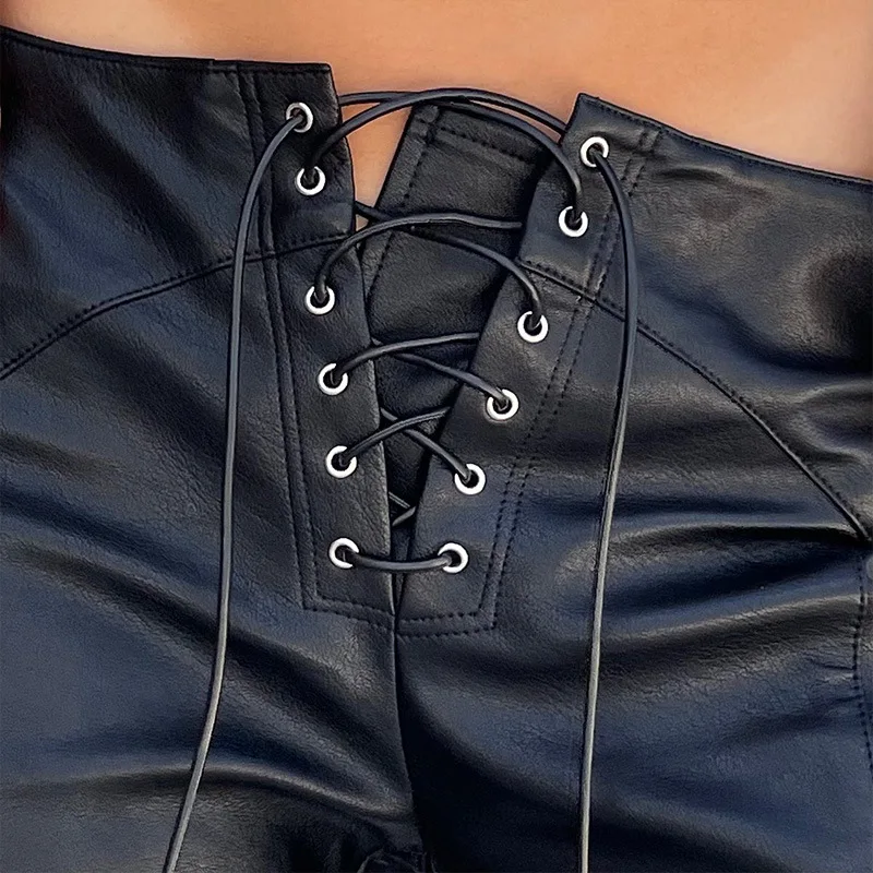 2026 Sexy Low Waist PU Leather Straight Pants Women Slim Lace Up Pants Hem Split Ladies Party Floor-length Trousers Clubwear
