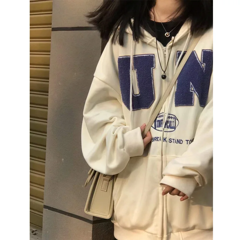 

Женская флисовая толстовка оверсайз в уличном стиле, повседневная верхняя одежда, корейская версия, с длинным рукавом, из тонкой смесовой ткани (полиэстер/хлопок)