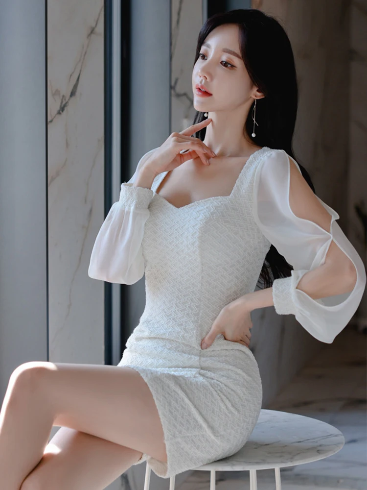 Moda mujer Vintage Sexy escote corazón Mini vestido de fiesta Club temperamento elegante Sexy café descanso hueco blanco vestido femenino