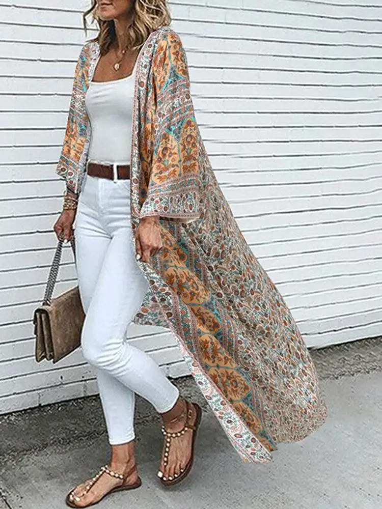 Sommer Bohemian Floral Lange Strickjacke Frauen Gedruckt Strand Urlaub Kimono Tops ZANZEA Vintage 3/4 Hülse Blusas Lose Lange Shirt