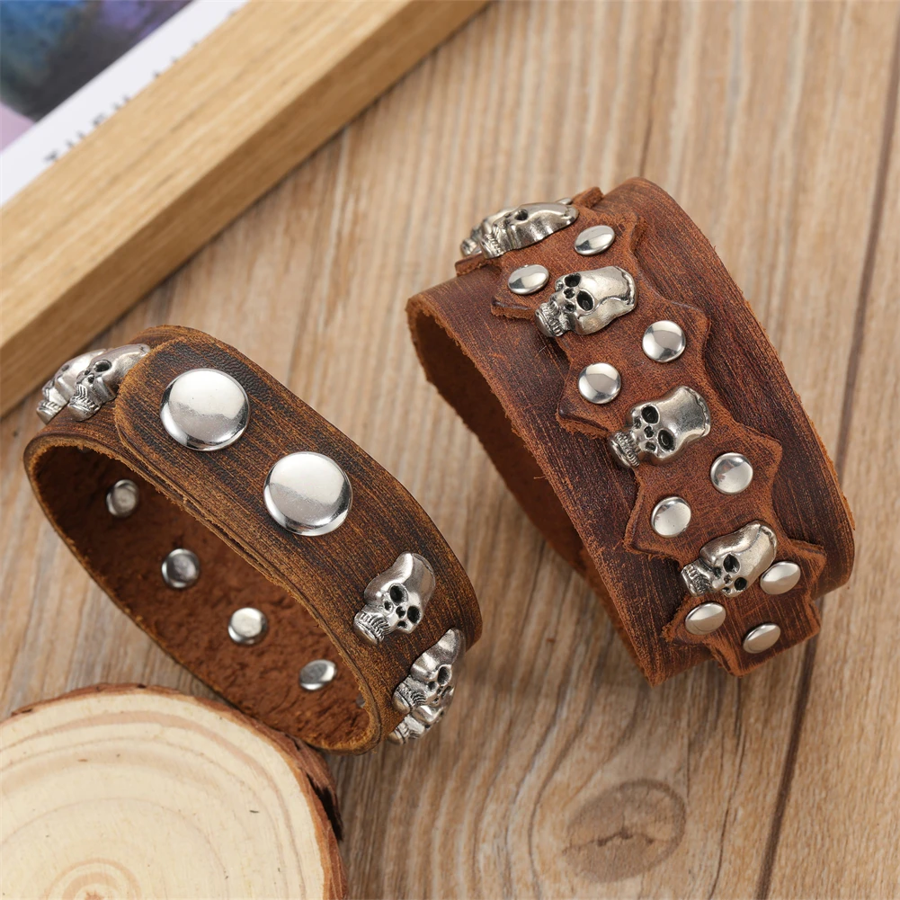 2024 Trend Jewelry Handmade Weave Genuine Leather Bracelet Men Vintage Cuff Wide Leather Bracelet Pulsera Hombre