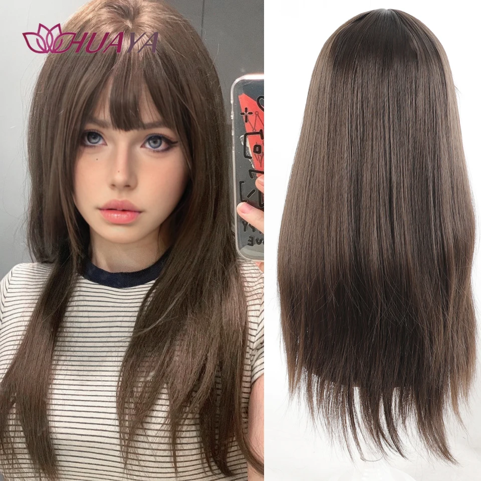 24 Inch Synthetic Wig for Women Gold Brown Long Straight Lolita Wig with Bangs Heat-resistant Cosplay Natural Hair