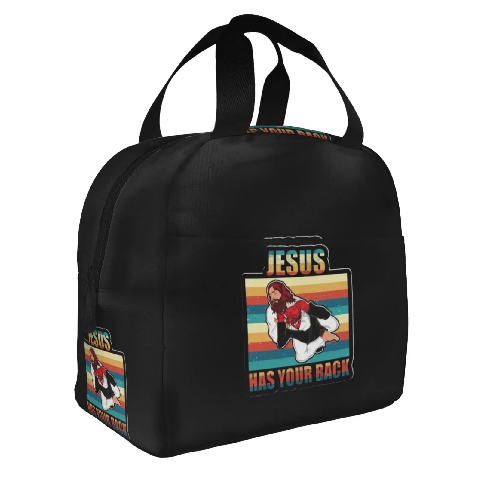 Jesus Has Your Back Jiu Jitsu Retro Christian Jesus Faith Lunch Bag Portable Thermal Oxford Tote Bag for Work School Travel