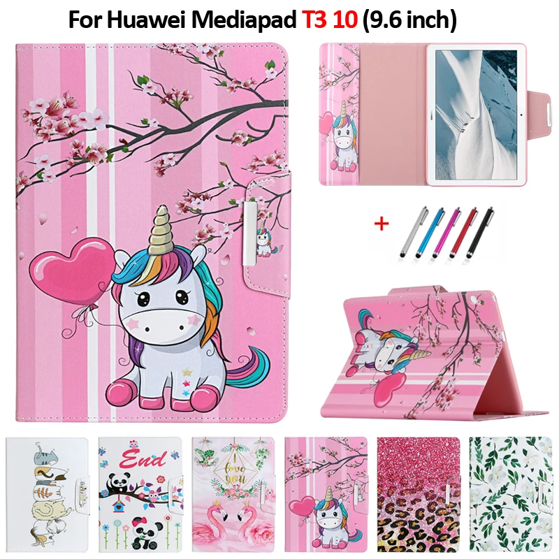 Cute Unicorn Panda Cat Tablet Cover For Funda Huawei Mediapad T3 10 Case 9.6  Leather Stand Cover For Huawei Mediapad T3 10 Case