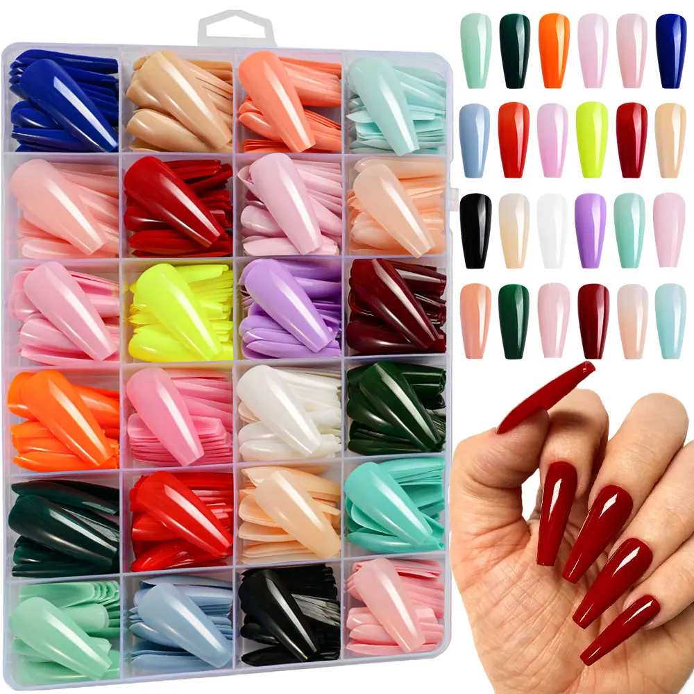 576pcs Long Coffin Solid Color Press-On Nails Glossy Long Ballerina Full Cover Coffin Fake Nails Full Coverage Nails Extensions