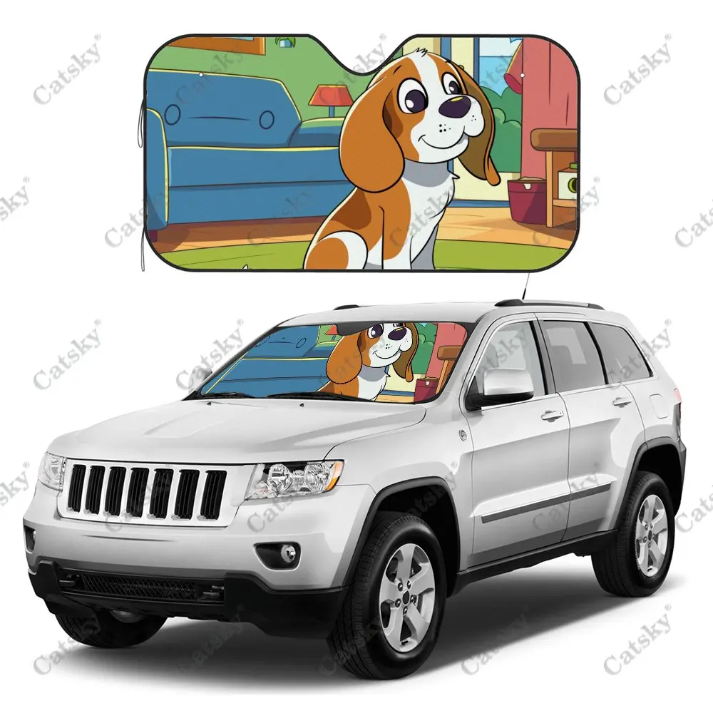 Clever Cartoon Beagle Print Car Windshield Sunshade, Auto Accessories Front Windshield Sun Visor Blocks Uv Rays Protect Decor