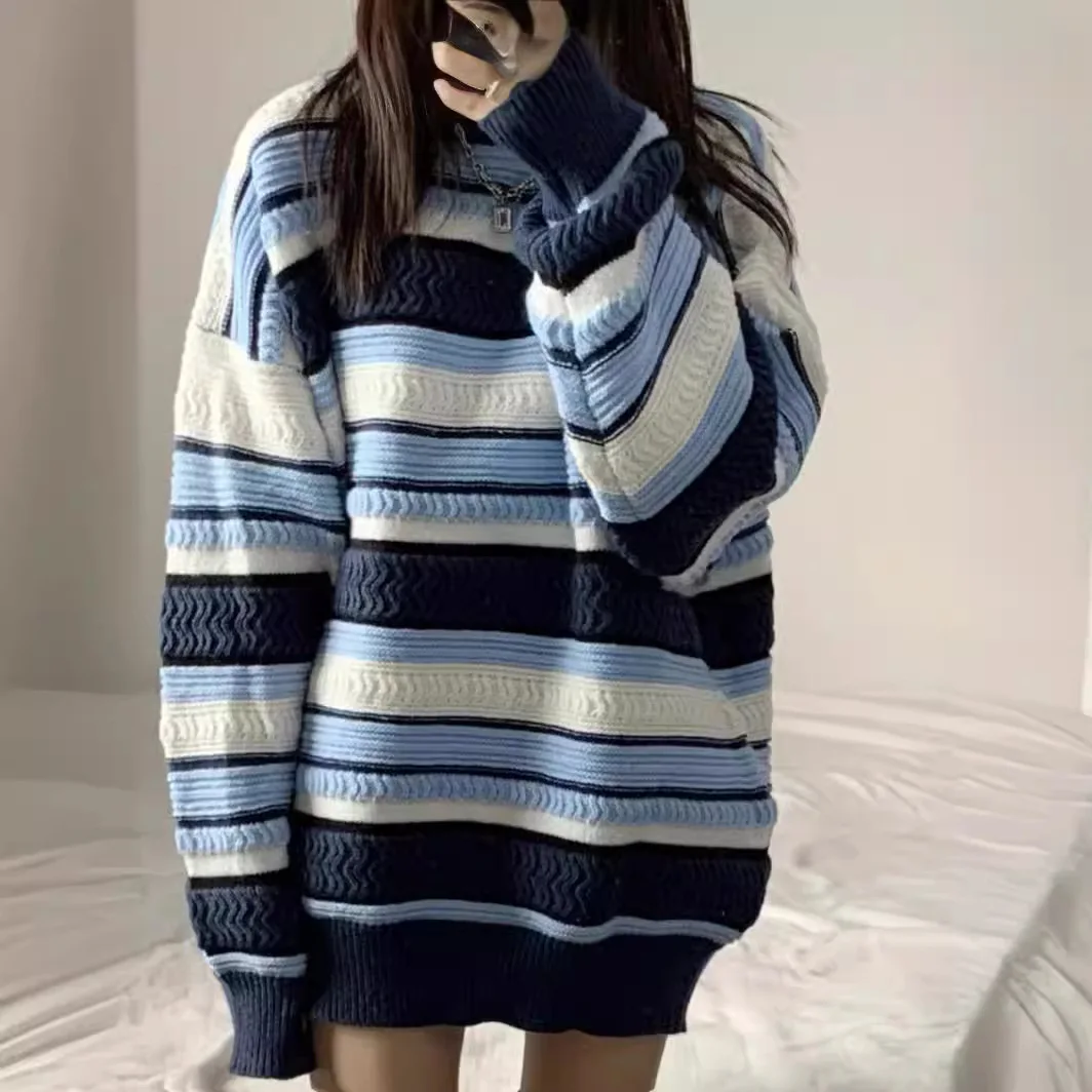 2025 outono novo sle feminino preguiçoso faion redondo ne suéter de malha listrado padrão macio cor fofa top quali acr...