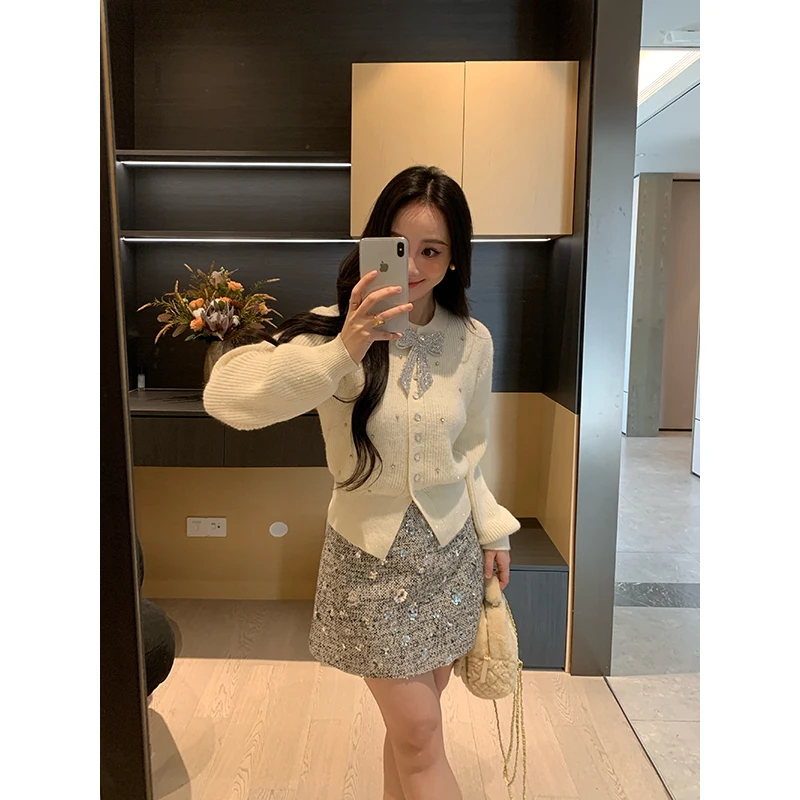 

XIN Осенне-зимний комплект: свитер с завязками и пайетками, облегающая юбка, женский модный ансамбль, короткая/длинная модель