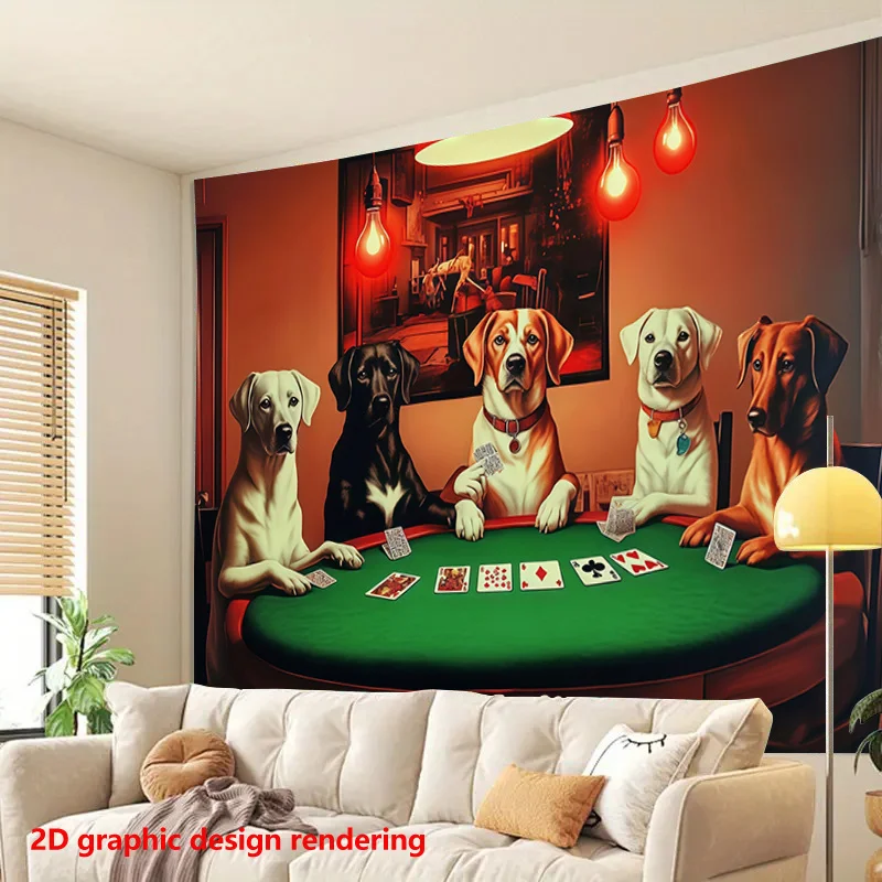 Funny Poker Dog Tapestry, Labrador Gambling Game Wall Hanging, Retro Bar Pub Decor for Living Room Man Cave Background