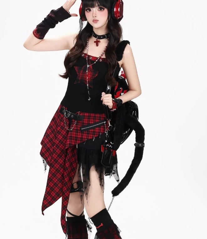 Summer New Sweet Cool Y2k Plaid Street Splicing Skirt Fashion High Waist A-line Age Reduction Irregular Personality Girl Skirts