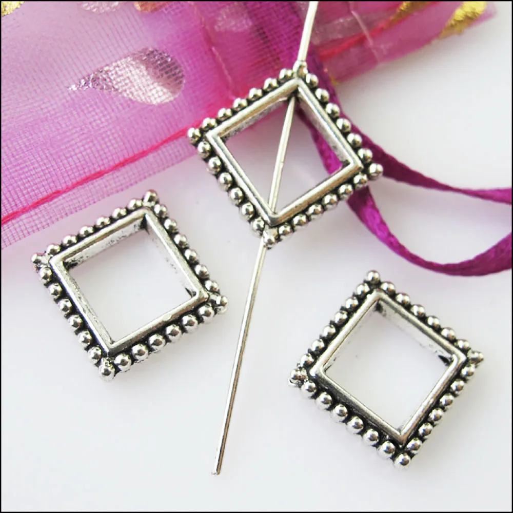 16Pcs Antiqued Silver Color Square Circle Spacer Beads Frame Charms 13mm
