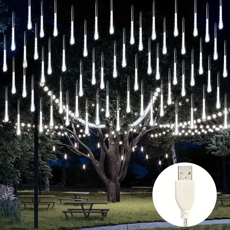 Outdoor Meteor Shower Christmas Lights 8 Tubes 192 LED Hanging String Lights for Garden Tree Holiday Party Decoation Lamp