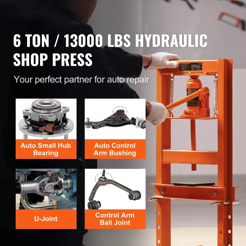 6/12 Ton Hydraulic H-Frame Garage Floor Adjustable Shop Press with Plates 6/12T Orange for Garage or Professional Shop