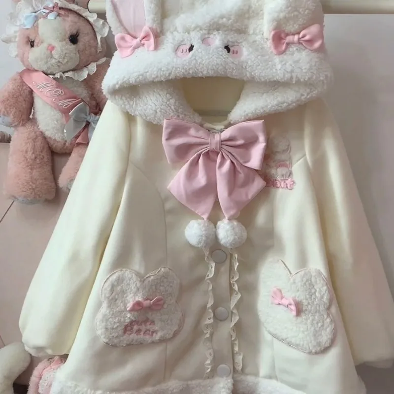 Y2k Lolita Plush Warm Coat Female Girls Loose Cute Rabbit Ears Cotton-padded Coat Sweet Warm Jacket Lady Outwear Winter