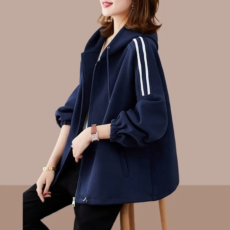 2023 Autumn Winter New Solid Color Hooded Long Sleeve Sweatshirts Cardigan Women Casual Loose Drawstring Pocket All-match Coat
