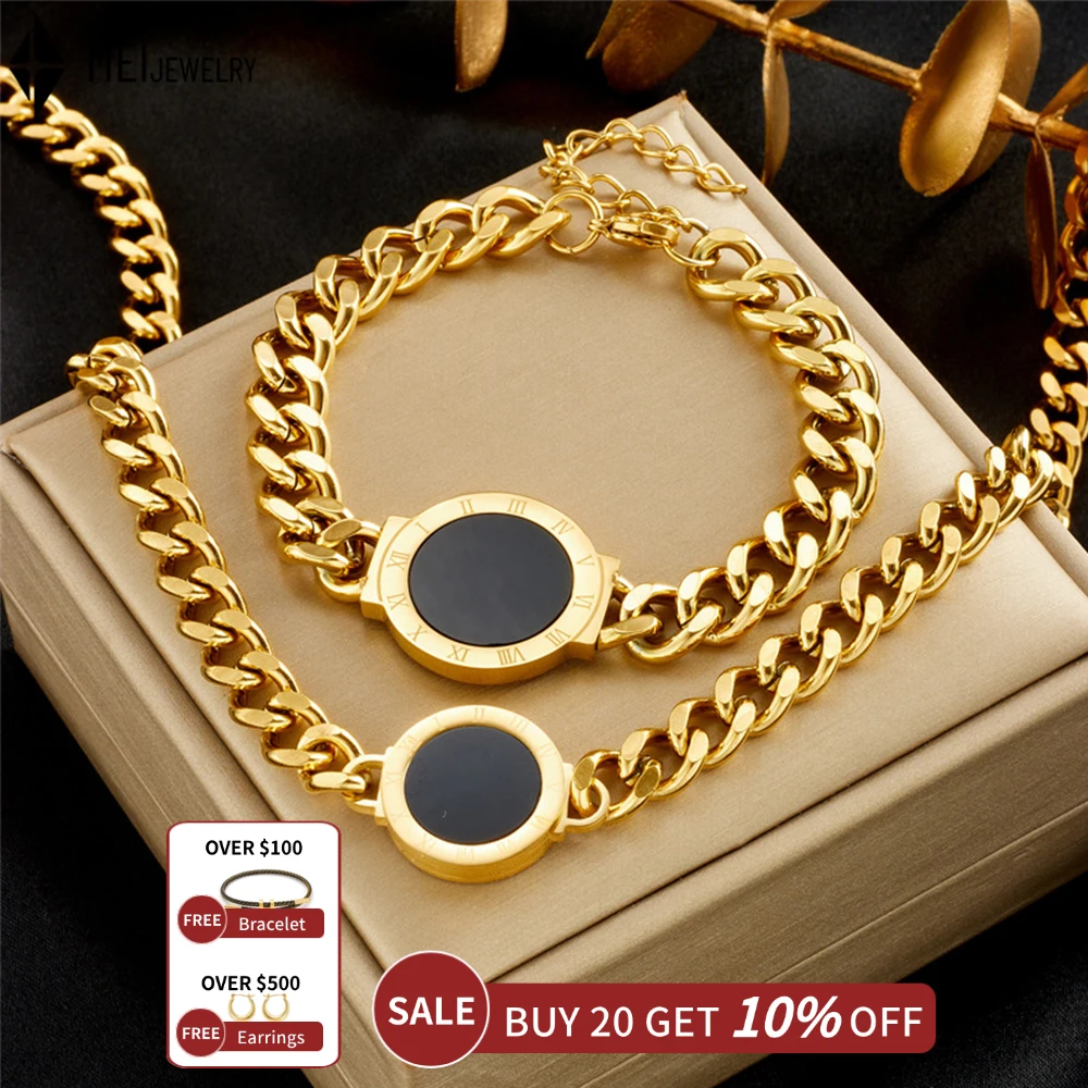 Fashion Heavy Industry Thick Chain Roman Round Brand Accessories Stainless Steel Bracelet Necklace Jewelry Set
