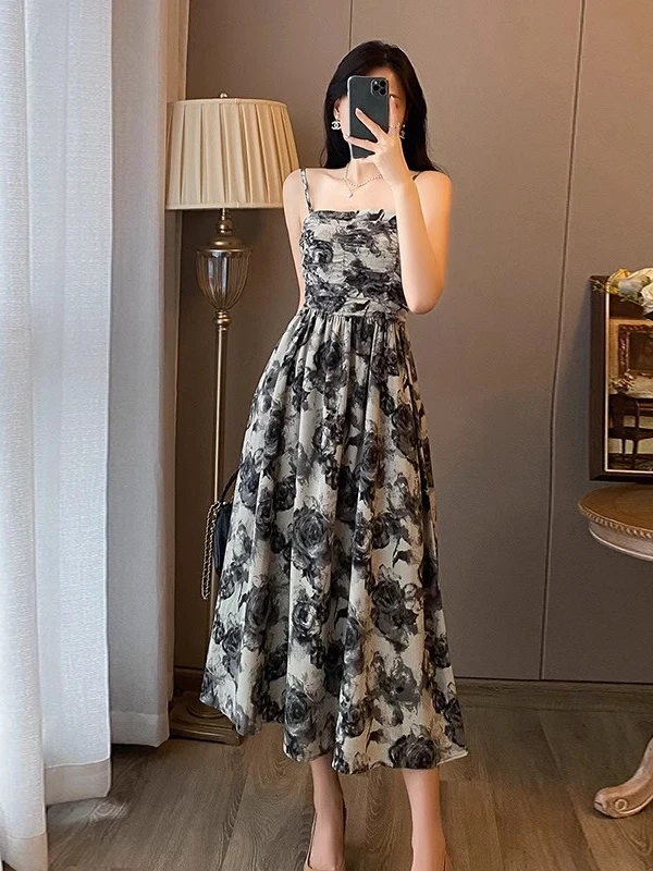 레트로 플러스 사이즈 플로럴 워터컬러 튜브 드 스트랩 웨이스트-신칭 맥시 가운 여름 디자인 센시빌리 엘레