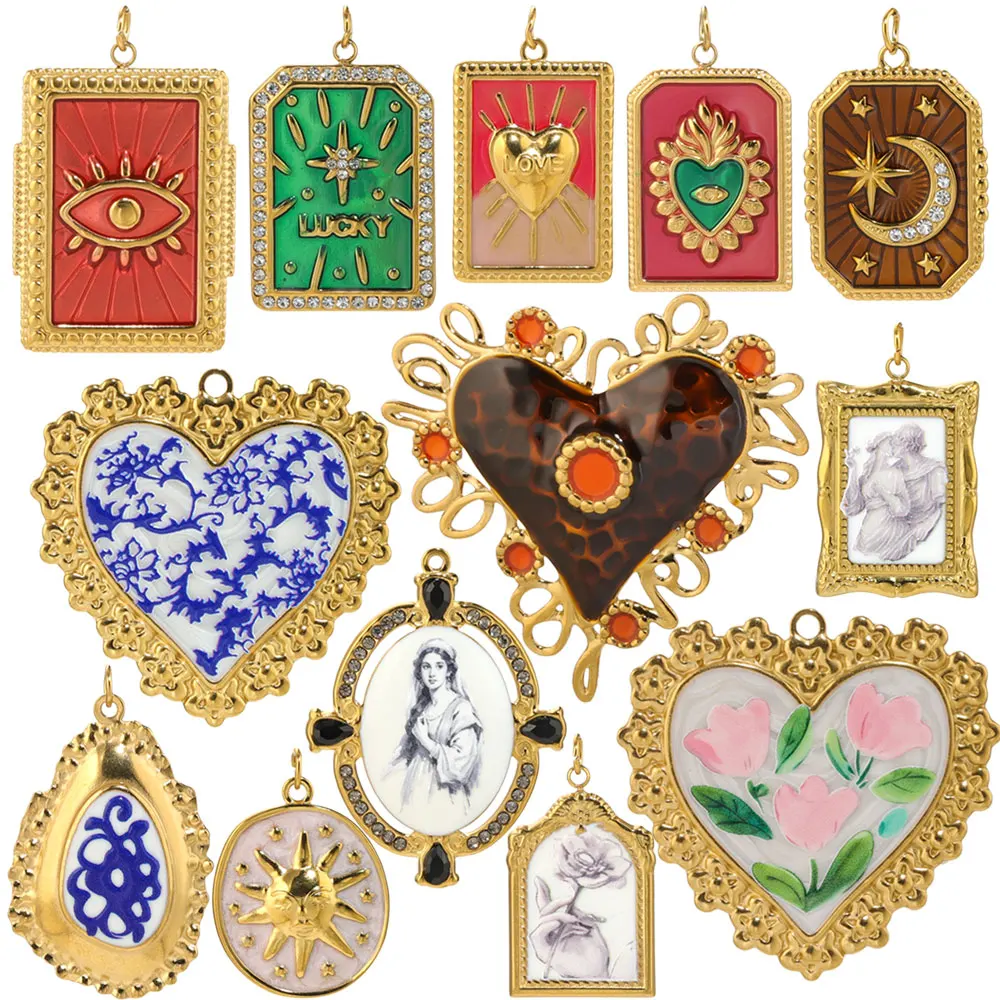 2 Stück Edelstahl-Emaille-Anhänger für Schmuckherstellung, Vintage-Sonnenherz-Anhänger, DIY-Halsketten- und Ohrring-Verbinder-Anhänger – Detail 1