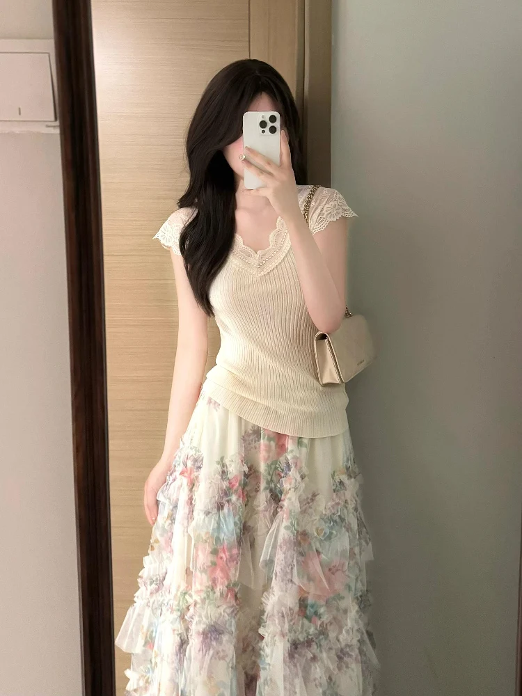 

Irregular Printed Lace Cake Skirt Women's f-length A-line Skirt High Waist Slimming Gathers 2025 Summer New Sle