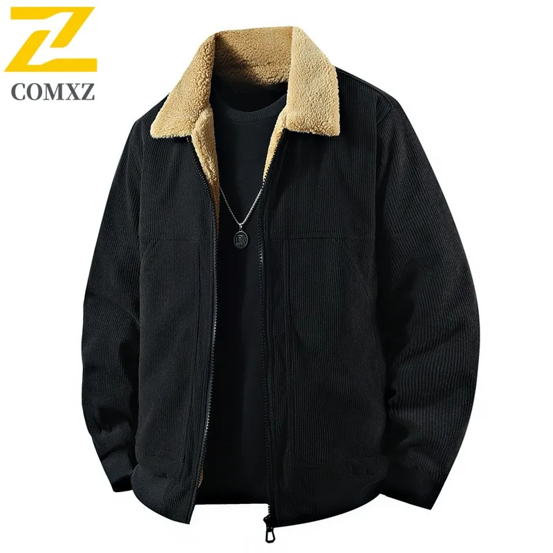 

COMXZ Мужская зимняя вельветовая куртка, свободная теплая куртка с хлопковой подкладкой для путешествий, повседневная прогулочная куртка со свободным воротником