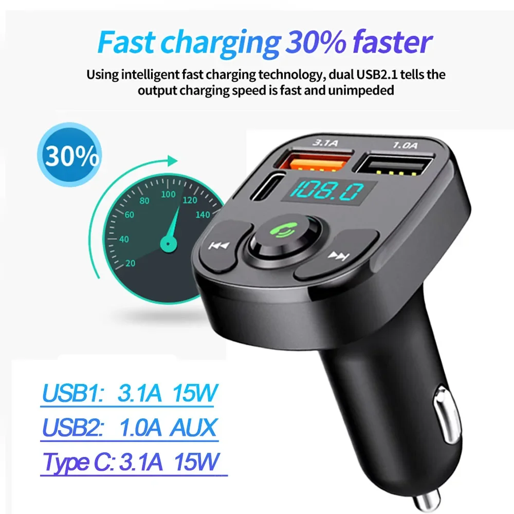 Bluetooth 5.0 U-Disk AUX FM Transmitter Car Handsfree Kit Type C+Dual USB Phone Charger Wireless Noise Reduction Audio Receiver