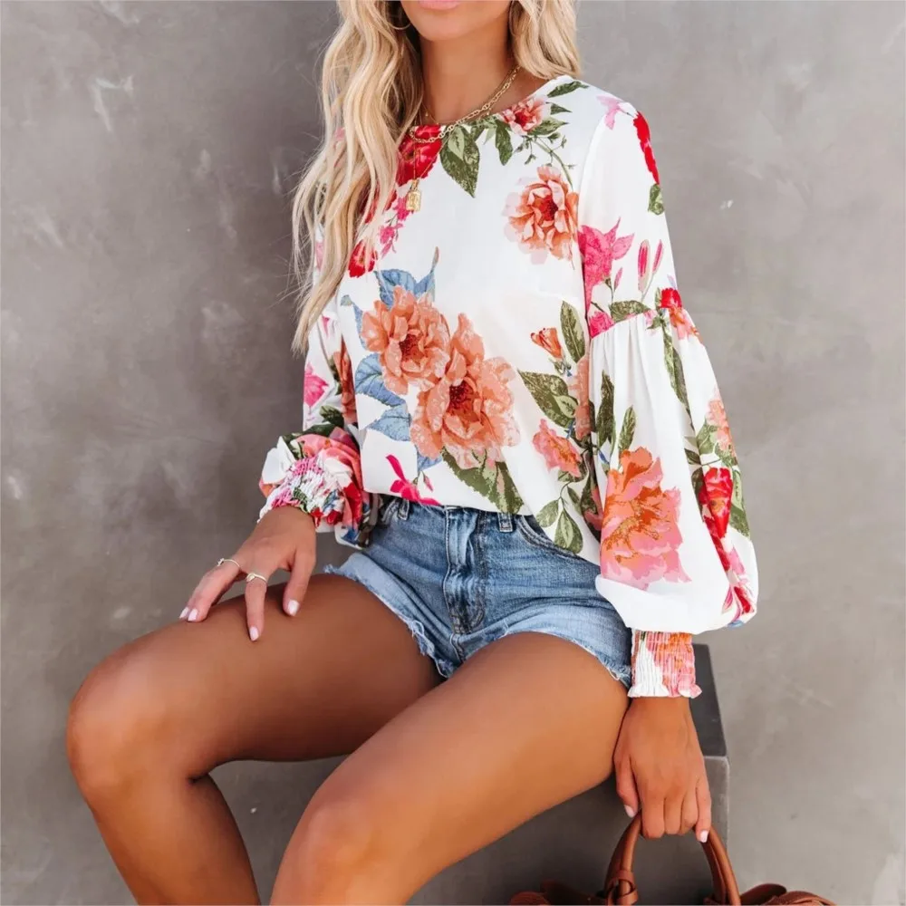 Women Autumn New Printed Pleated Bubble Sleeve Round Neck Pullover Shirt Office Lady Flower Print Long-Sleeved Pullover Blouses